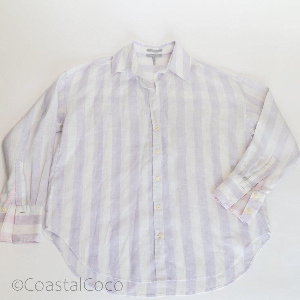 Hinson Wu Larissa Size S Oversize 100% Linen Striped Cabana Beach Resort Coastal - Picture 3 of 12